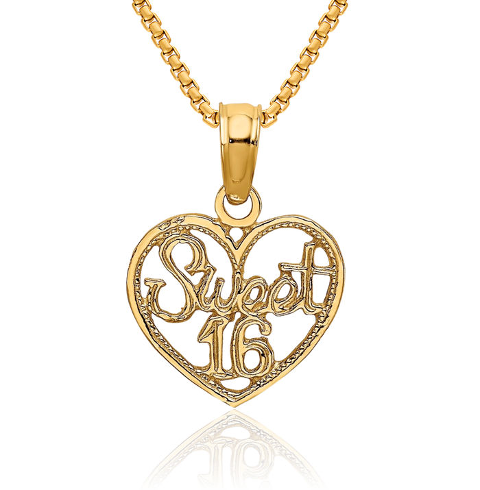 14K Solid Yellow Gold Sweet 16 Years Old Birthday Heart Necklace Love Pendant Charm