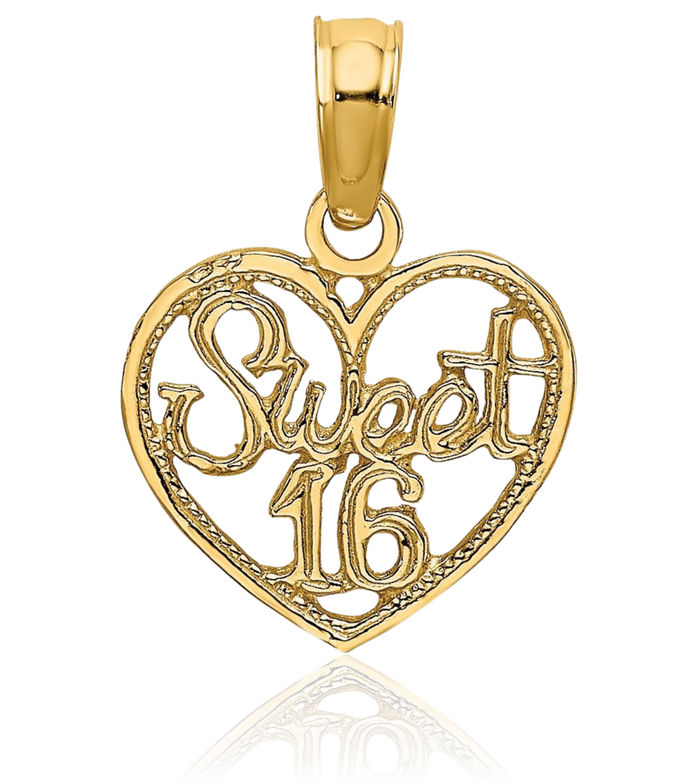 14K Solid Yellow Gold Sweet 16 Years Old Birthday Heart Necklace Love Pendant Charm