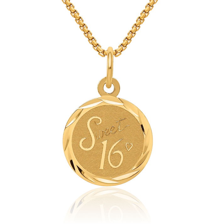 14K Solid Yellow Gold Sweet 16 Years Old Birthday Disc Necklace Chain Pendant Charm