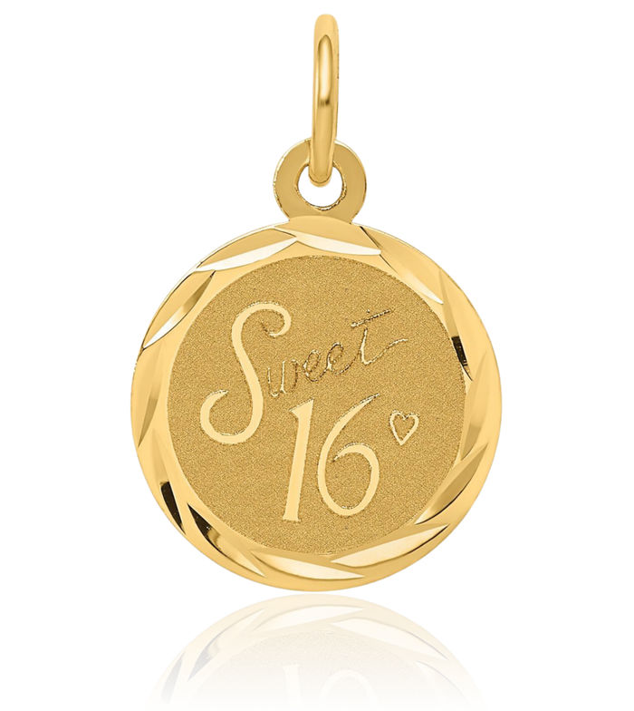 14K Solid Yellow Gold Sweet 16 Years Old Birthday Disc Necklace Chain Pendant Charm