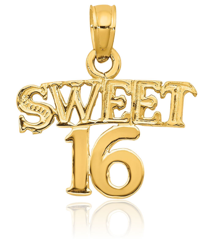 14K Solid Yellow Gold Sweet 16 Years Old Birthday Necklace Chain Pendant Charm