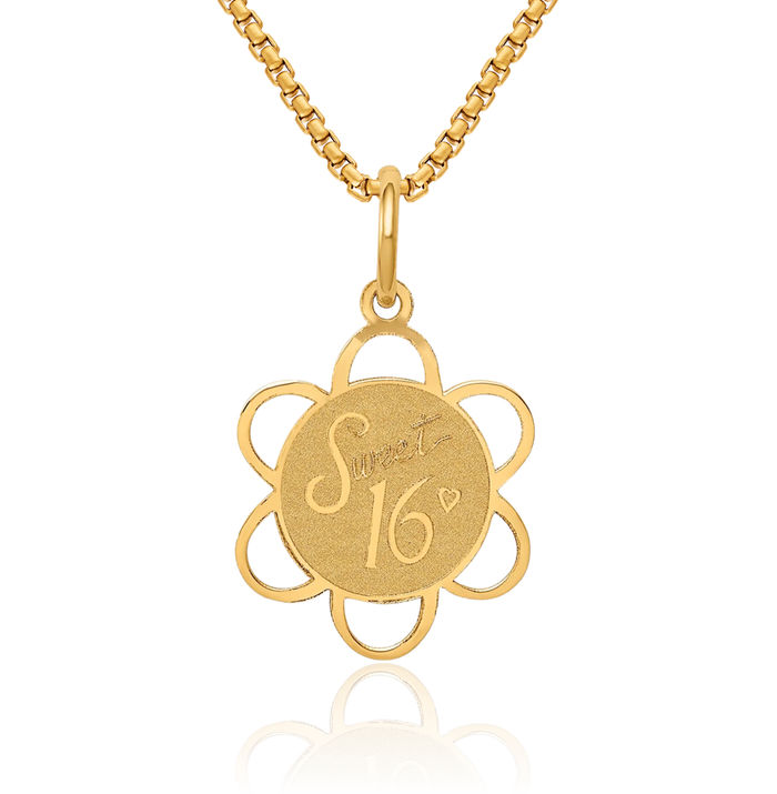 14K Solid Yellow Gold Sweet 16 Years Old Birthday Disc Necklace Chain Pendant Charm