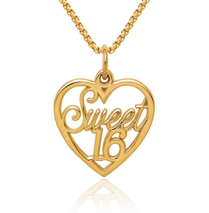 14K Solid Yellow Gold Sweet 16 Years Old Birthday Necklace Chain Pendant Charm