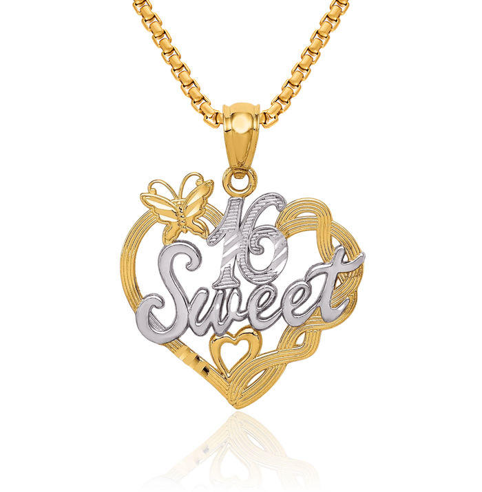 14K Solid Yellow Gold Sweet 16 Years Old Birthday Necklace Chain Pendant Charm