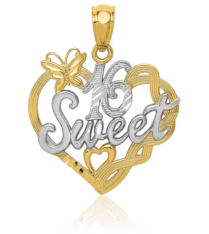 14K Solid Yellow Gold Sweet 16 Years Old Birthday Necklace Chain Pendant Charm