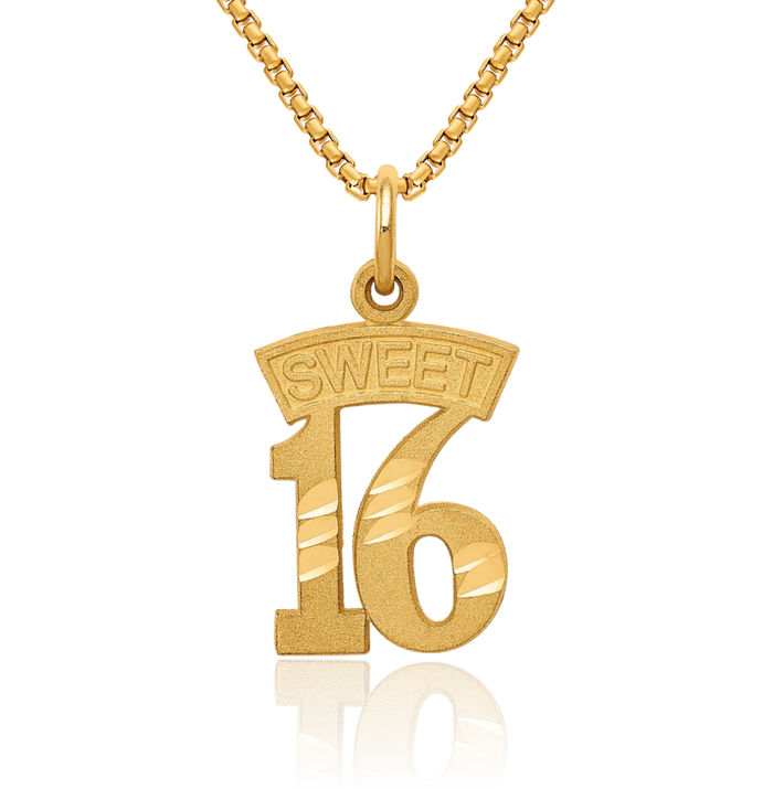 14K Solid Yellow Gold Sweet 16 Years Old Birthday Necklace Chain Pendant Charm