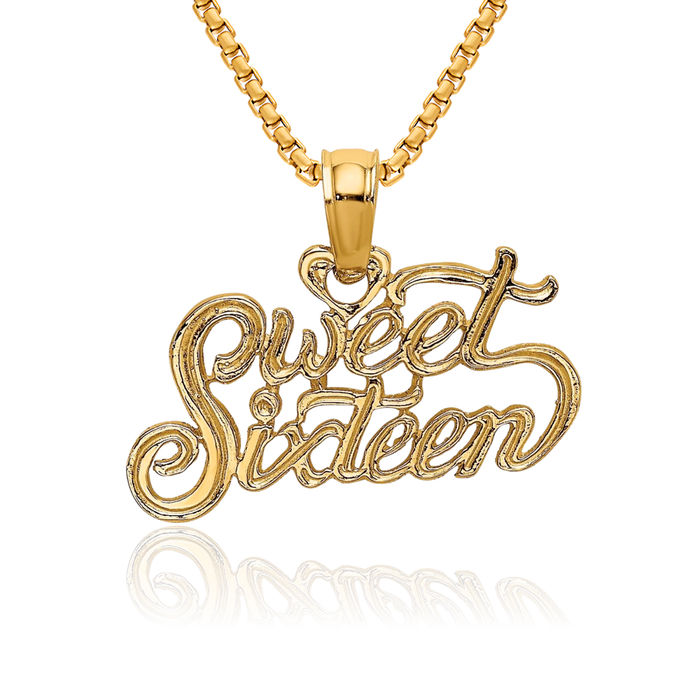 14K Solid Yellow Gold Sweet 16 Years Old Birthday Necklace Chain Pendant Charm