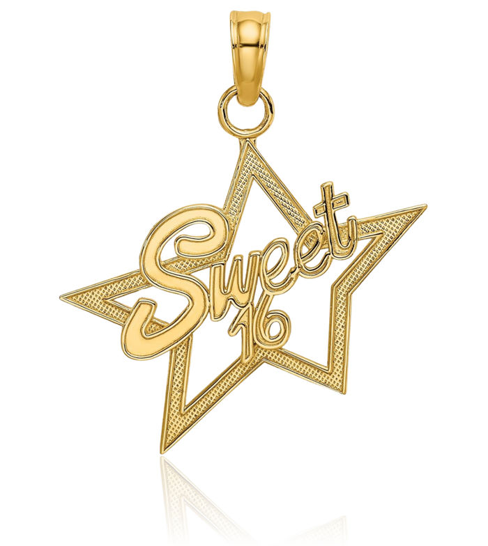 14K Solid Yellow Gold Sweet 16 Years Old Birthday Necklace Chain Pendant Charm