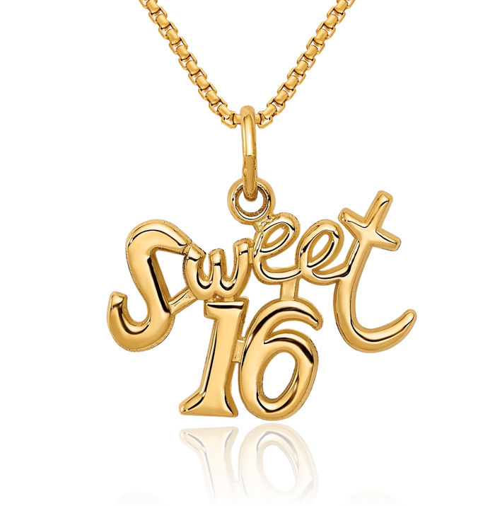 14K Solid Yellow Gold Sweet 16 Years Old Birthday Necklace Chain Pendant Charm