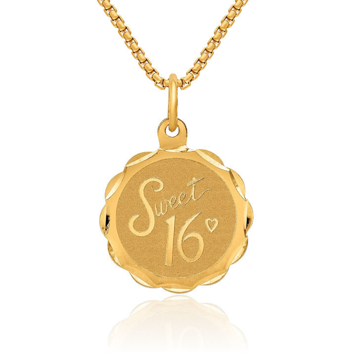 14K Solid Yellow Gold Sweet 16 Years Old Birthday Disc Necklace Chain Pendant Charm