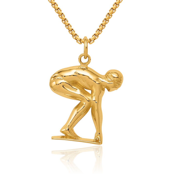 14K Solid Yellow Gold Swimmer Diver Necklace Swimming Water Charm Sports Pendant