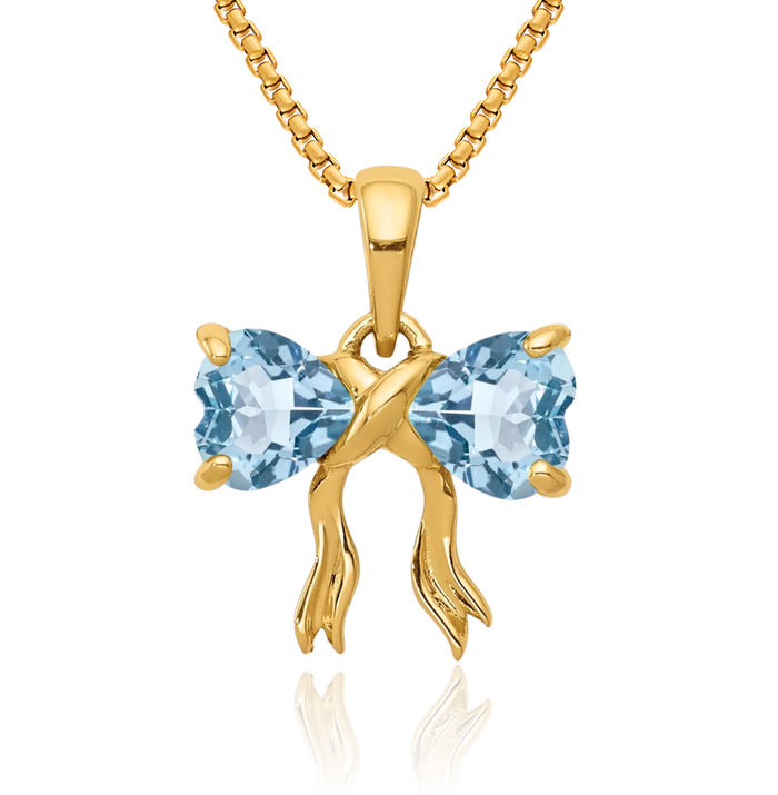 14K Solid Yellow Gold Swiss Blue Topaz Bow Necklace Heart Gemstone Pendant Charm December Birthstone Jewelry