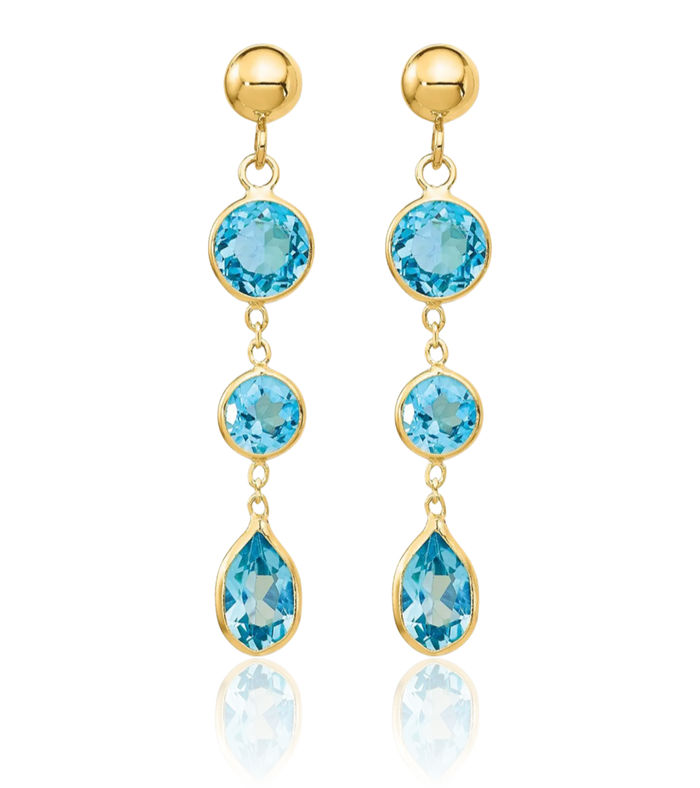 14K Solid Yellow Gold Swiss Blue Topaz Gemstone Drop Dangle Earrings Pear Teardrop December Birthstone Jewelry