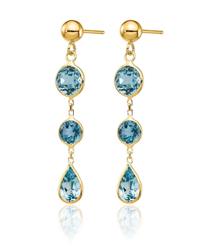 14K Solid Yellow Gold Swiss Blue Topaz Gemstone Drop Dangle Earrings Pear Teardrop December Birthstone Jewelry