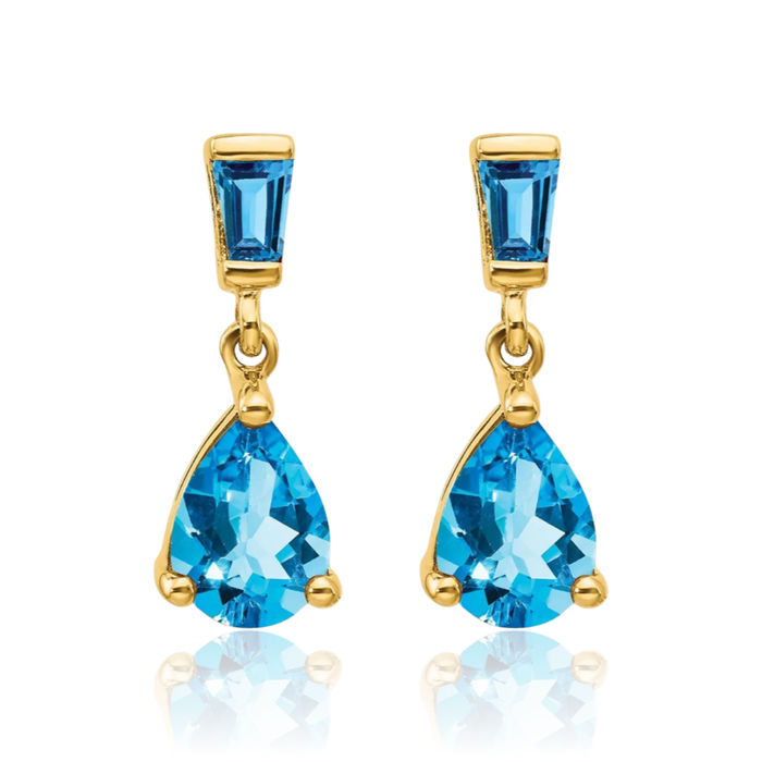 14K Solid Yellow Gold Swiss Blue Topaz Drop Dangle Earrings December Birthstone Jewelry