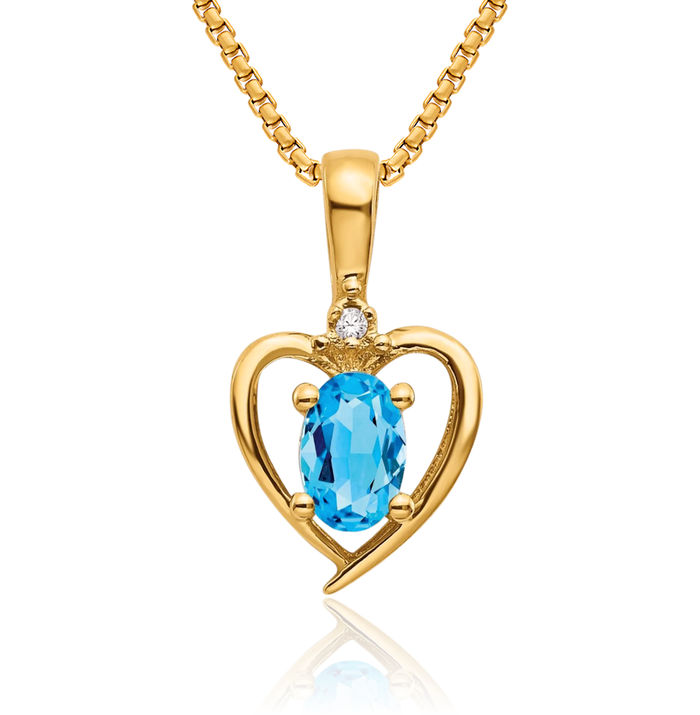 14K Solid Yellow Gold Swiss Blue Topaz Diamond Heart Necklace Gemstone Pendant Charm April December Birthstone Jewelry