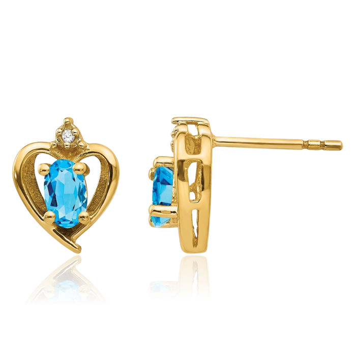 14K Solid Yellow Gold Swiss Blue Topaz Diamond Heart Stud Earrings December Birthstone Jewelry