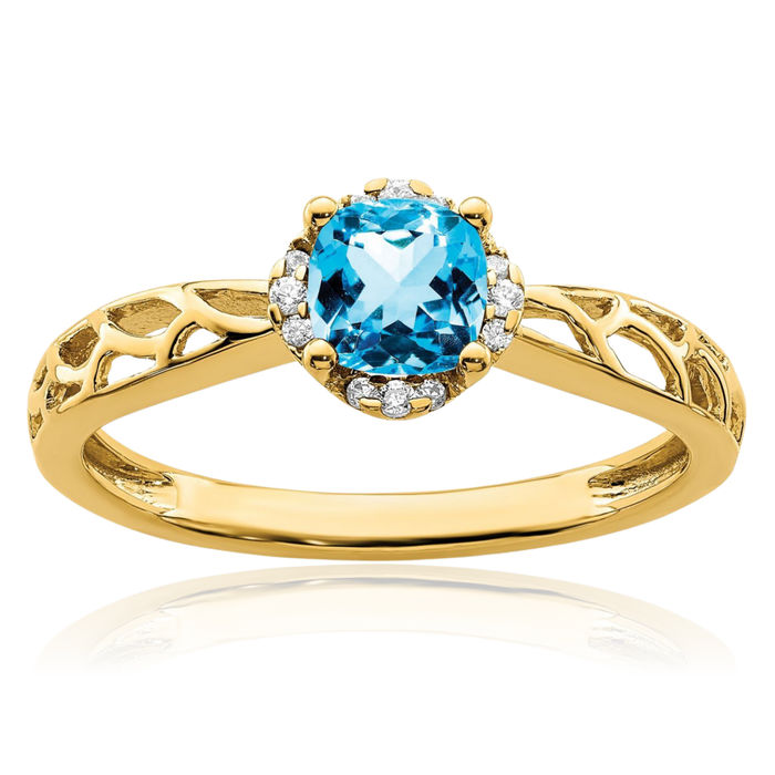 14K Solid Yellow Gold Swiss Blue Topaz Diamond Ring Gemstone Band December Birthstone Jewelry