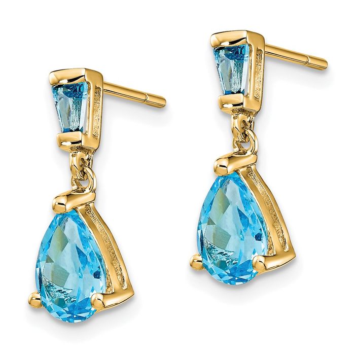 14K Solid Yellow Gold Swiss Blue Topaz Drop Dangle Earrings December Birthstone Jewelry