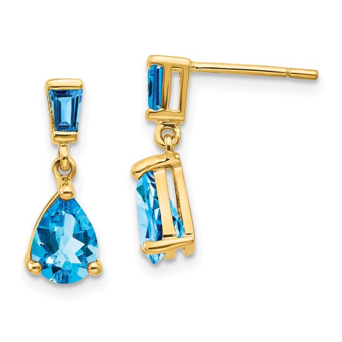 14K Solid Yellow Gold Swiss Blue Topaz Drop Dangle Earrings December Birthstone Jewelry