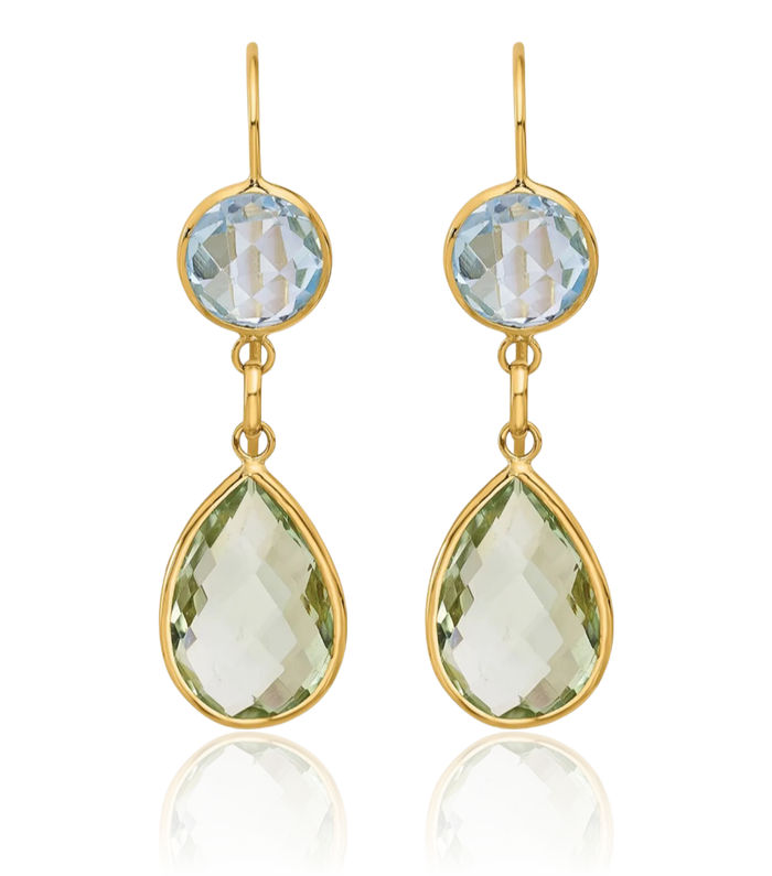 14K Solid Yellow Gold Swiss Blue Topaz Green Quartz Drop Dangle Earrings Pear Teardrop Gemstone