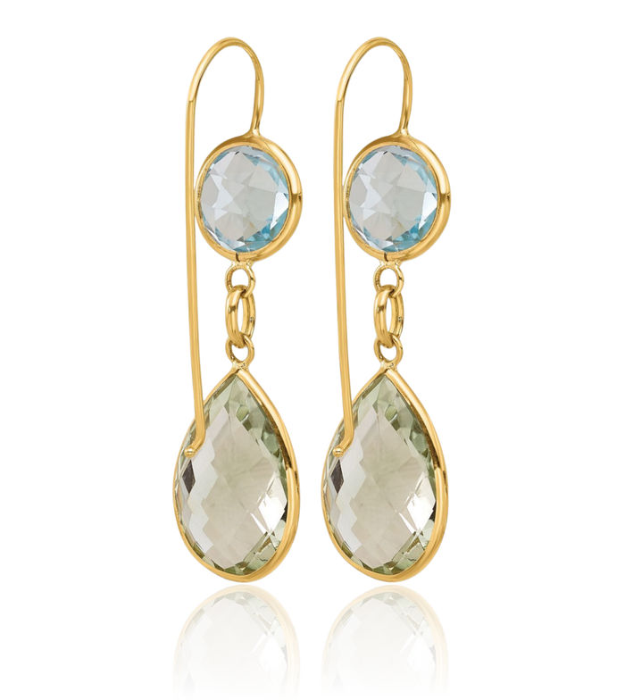 14K Solid Yellow Gold Swiss Blue Topaz Green Quartz Drop Dangle Earrings Pear Teardrop Gemstone