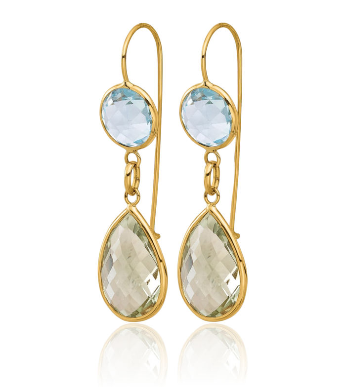 14K Solid Yellow Gold Swiss Blue Topaz Green Quartz Drop Dangle Earrings Pear Teardrop Gemstone