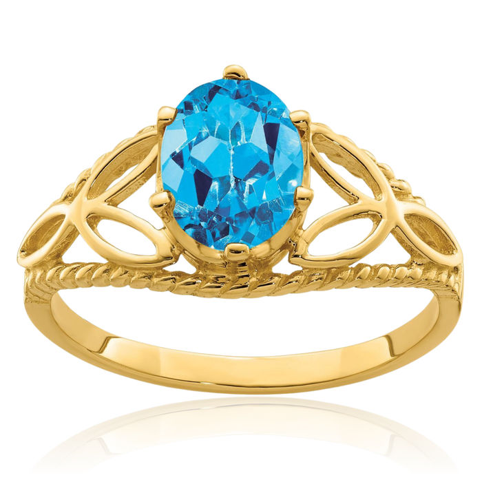14K Solid Yellow Gold Swiss Blue Topaz Ring Gemstone Band December Birthstone Jewelry