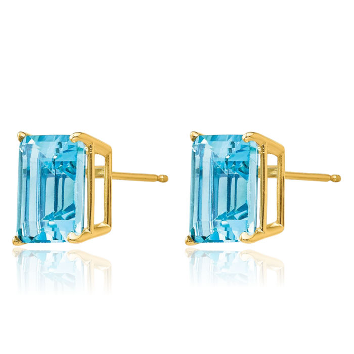 14K Solid Yellow Gold Swiss Blue Topaz Studs Gemstone Solitaire Earrings December Birthstone Jewelry