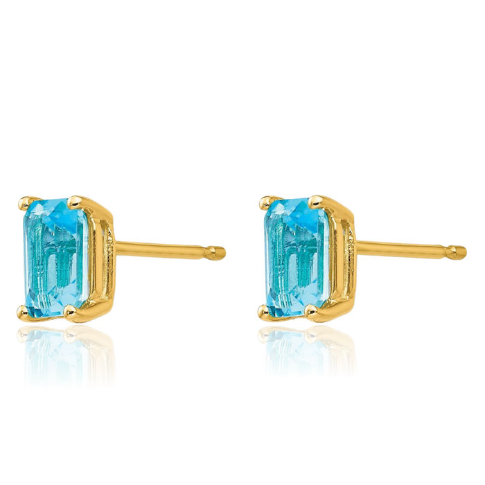 14K Solid Yellow Gold Swiss Blue Topaz Studs Gemstone Solitaire Earrings December Birthstone Jewelry