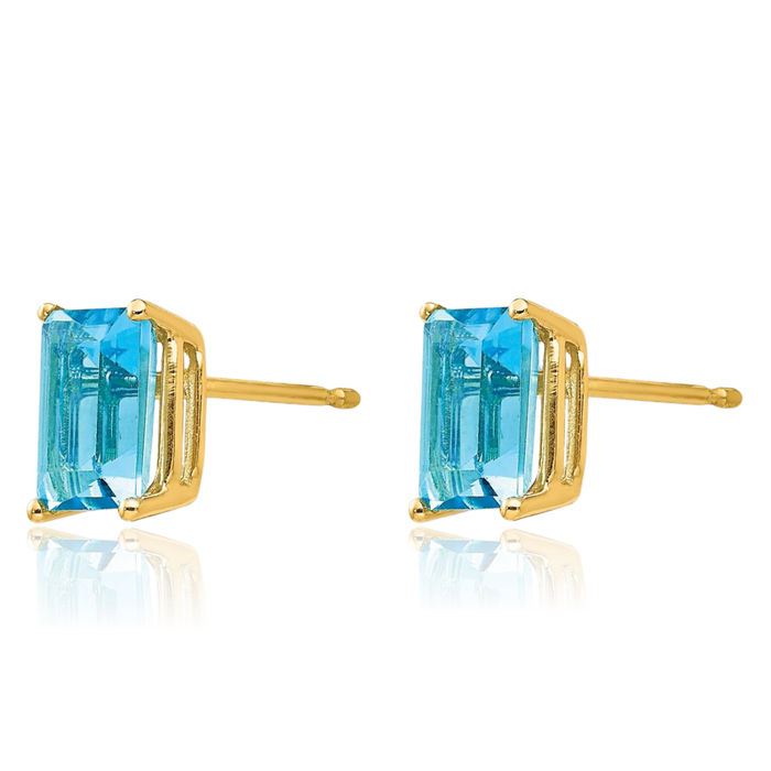 14K Solid Yellow Gold Swiss Blue Topaz Studs Gemstone Solitaire Earrings December Birthstone Jewelry