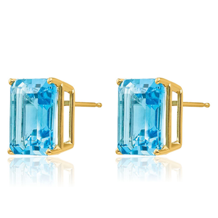 14K Solid Yellow Gold Swiss Blue Topaz Studs Gemstone Solitaire Earrings December Birthstone Jewelry