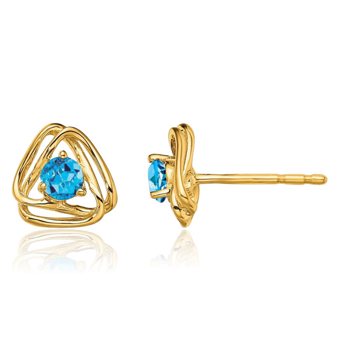 14K Solid Yellow Gold Swiss Blue Topaz Stud Earrings December Birthstone Jewelry