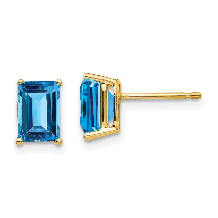 14K Solid Yellow Gold Swiss Blue Topaz Studs Gemstone Solitaire Earrings December Birthstone Jewelry