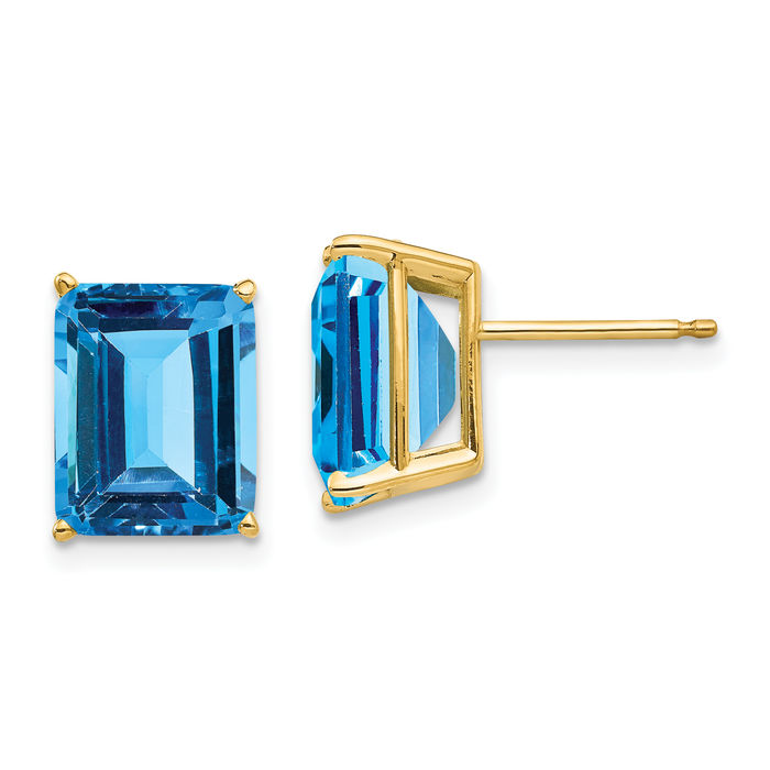 14K Solid Yellow Gold Swiss Blue Topaz Studs Gemstone Solitaire Earrings December Birthstone Jewelry