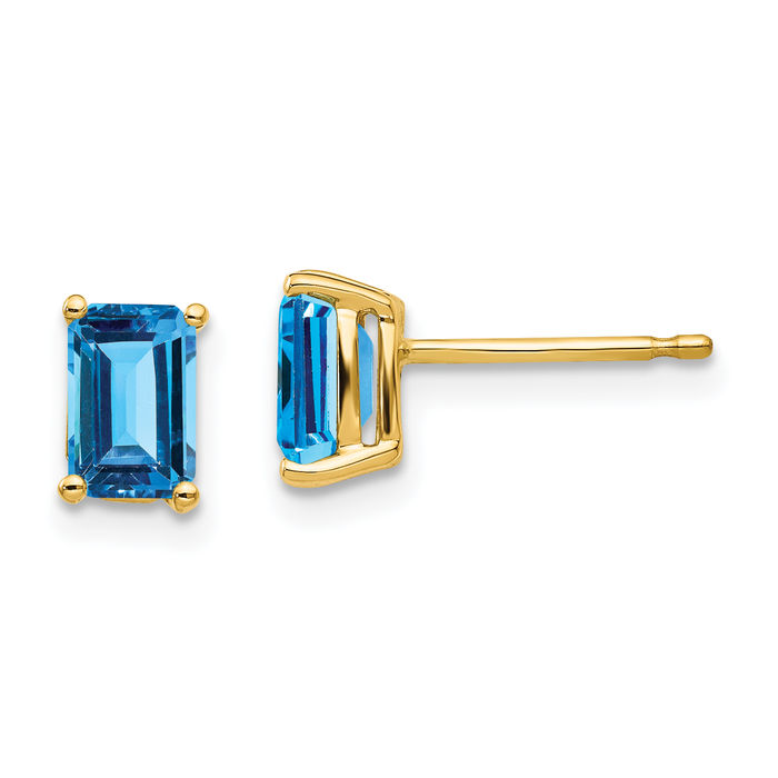 14K Solid Yellow Gold Swiss Blue Topaz Studs Gemstone Solitaire Earrings December Birthstone Jewelry