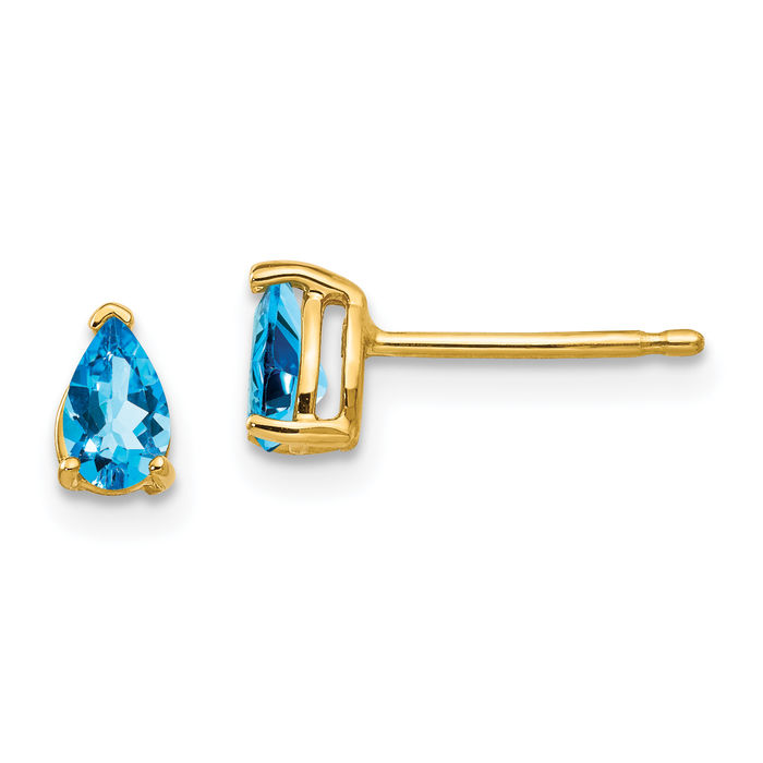 14K Solid Yellow Gold Swiss Blue Topaz Studs Pear Teardrop Gemstone Solitaire Earrings December Birthstone Jewelry