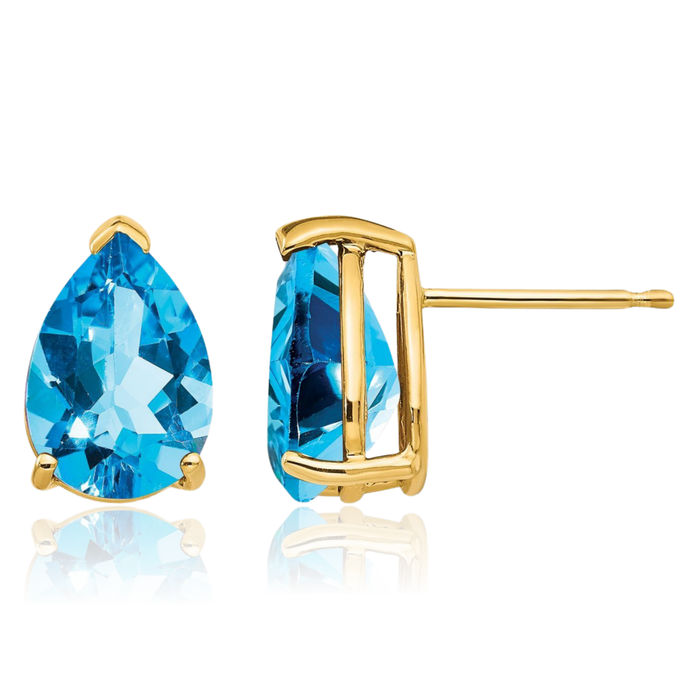 14K Solid Yellow Gold Swiss Blue Topaz Studs Pear Teardrop Gemstone Solitaire Earrings December Birthstone Jewelry