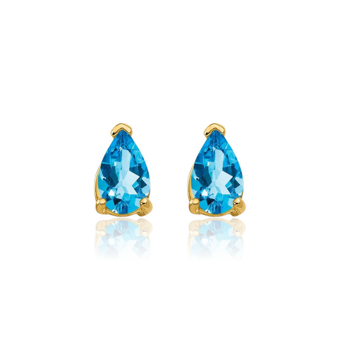 14K Solid Yellow Gold Swiss Blue Topaz Studs Pear Teardrop Gemstone Solitaire Earrings December Birthstone Jewelry