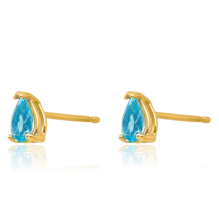 14K Solid Yellow Gold Swiss Blue Topaz Studs Pear Teardrop Gemstone Solitaire Earrings December Birthstone Jewelry