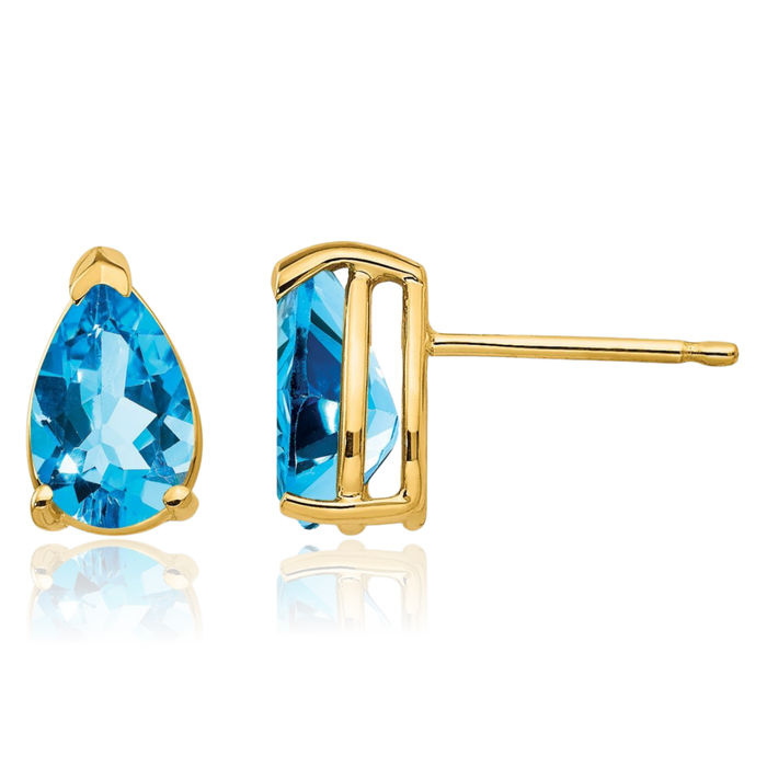 14K Solid Yellow Gold Swiss Blue Topaz Studs Pear Teardrop Gemstone Solitaire Earrings December Birthstone Jewelry