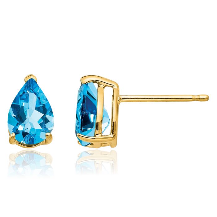 14K Solid Yellow Gold Swiss Blue Topaz Studs Pear Teardrop Gemstone Solitaire Earrings December Birthstone Jewelry