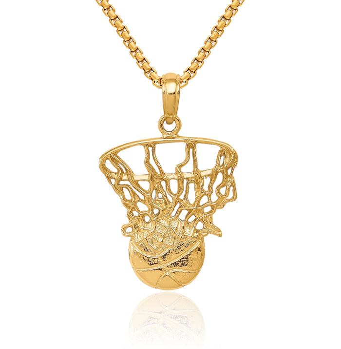 14K Solid Yellow Gold Swoosh Basketball Hoop Net Necklace Charm Sports Pendant