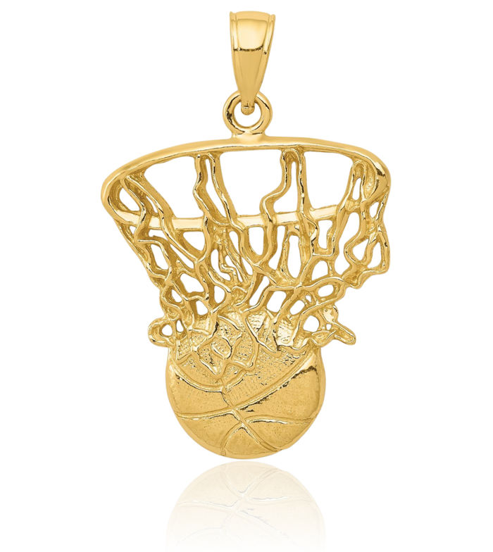 14K Solid Yellow Gold Swoosh Basketball Hoop Net Necklace Charm Sports Pendant