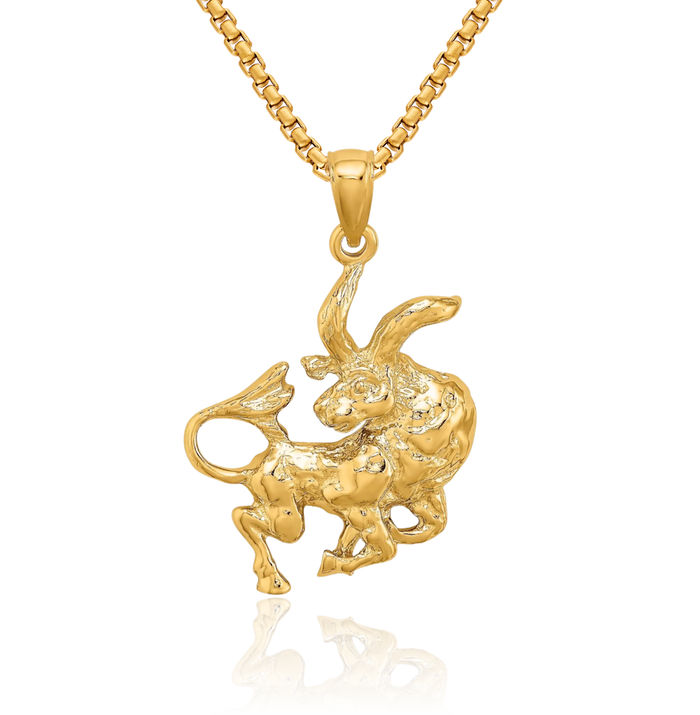 14K Solid Yellow Gold Taurus Zodiac Necklace Buffalo Bull Horoscope Pendant April May Birthday Charm Astrology Jewelry