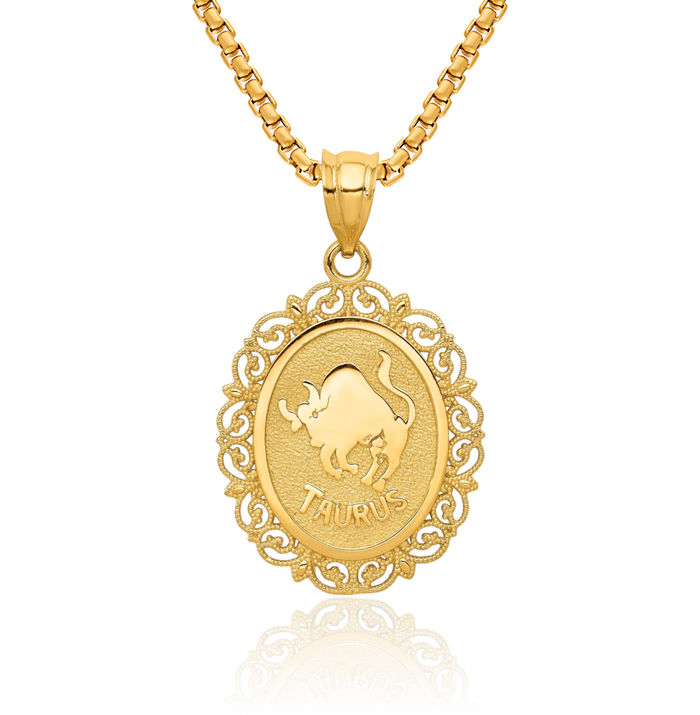 14K Solid Yellow Gold Taurus Zodiac Oval Necklace Chain Pendant Charm