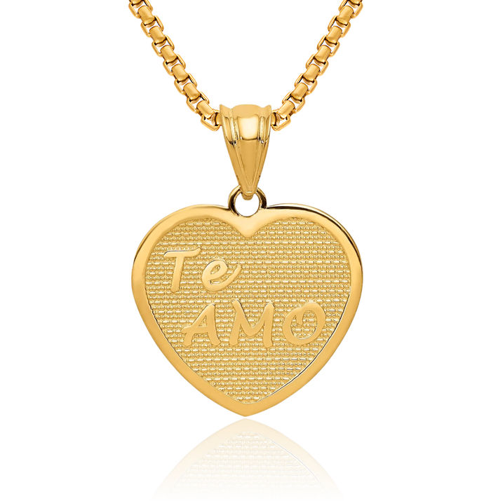 14K Solid Yellow Gold Te Amo Heart Necklace Love Pendant Charm