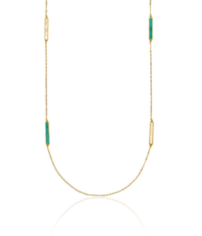 14K Solid Yellow Gold Teal/white Mother of Pearl Reversible Bar Necklace Chain