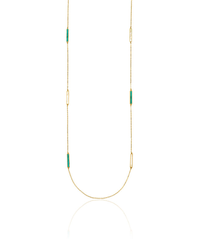 14K Solid Yellow Gold Teal/white Mother of Pearl Reversible Bar Necklace Chain