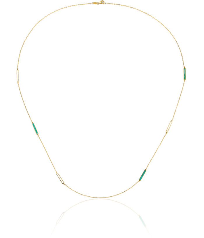 14K Solid Yellow Gold Teal/white Mother of Pearl Reversible Bar Necklace Chain